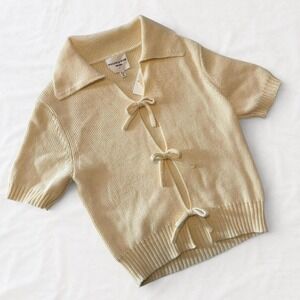 Willow & Wind Ivory Cotton Tie-Front Ribbed Cardigan Short Sleeve XS